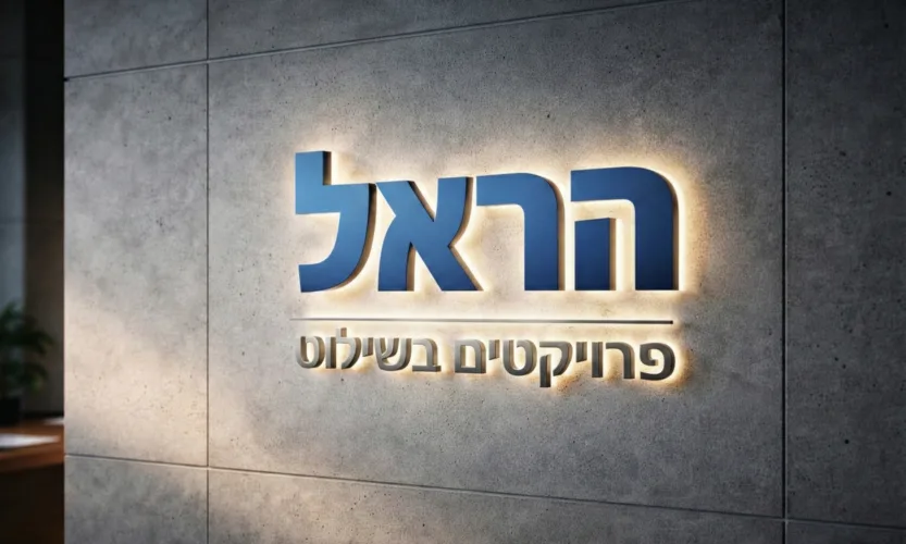 שלט מואר בעיצוב מודרני עם כתובת "הראל פרויקטים בשירות" על קיר בטון.